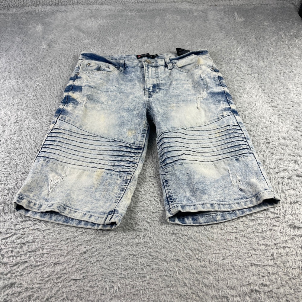 South pole Mens Acid Wash Moto Biker Denim Shorts Light Blue Distressed Size 16